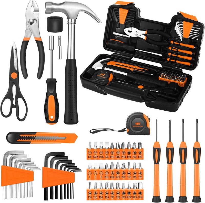 GETFOO 58-Piece Tool Kit Basic Home Repair Tool Set, General Household Hand Tool Kit,Small Tool Kit with Plastic Toolbox Mini Tool kit for Women, Office & College Repairs Orange - Image 1